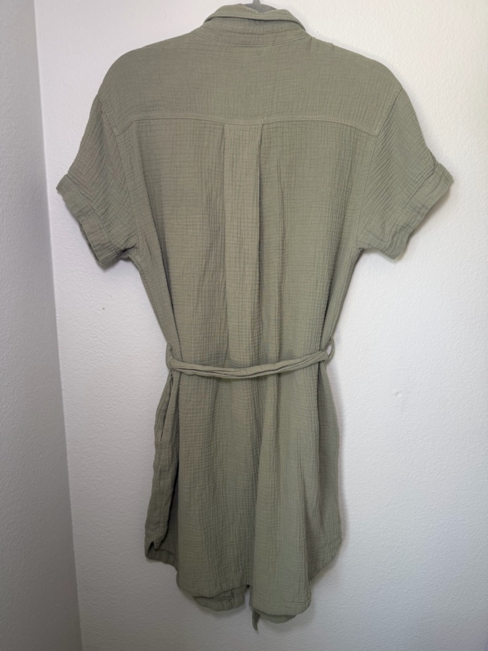 Size S 100% Cotton Olive Green Button-Front Gauzy Shirt Dress with Waist Tie - Picture 4 of 6